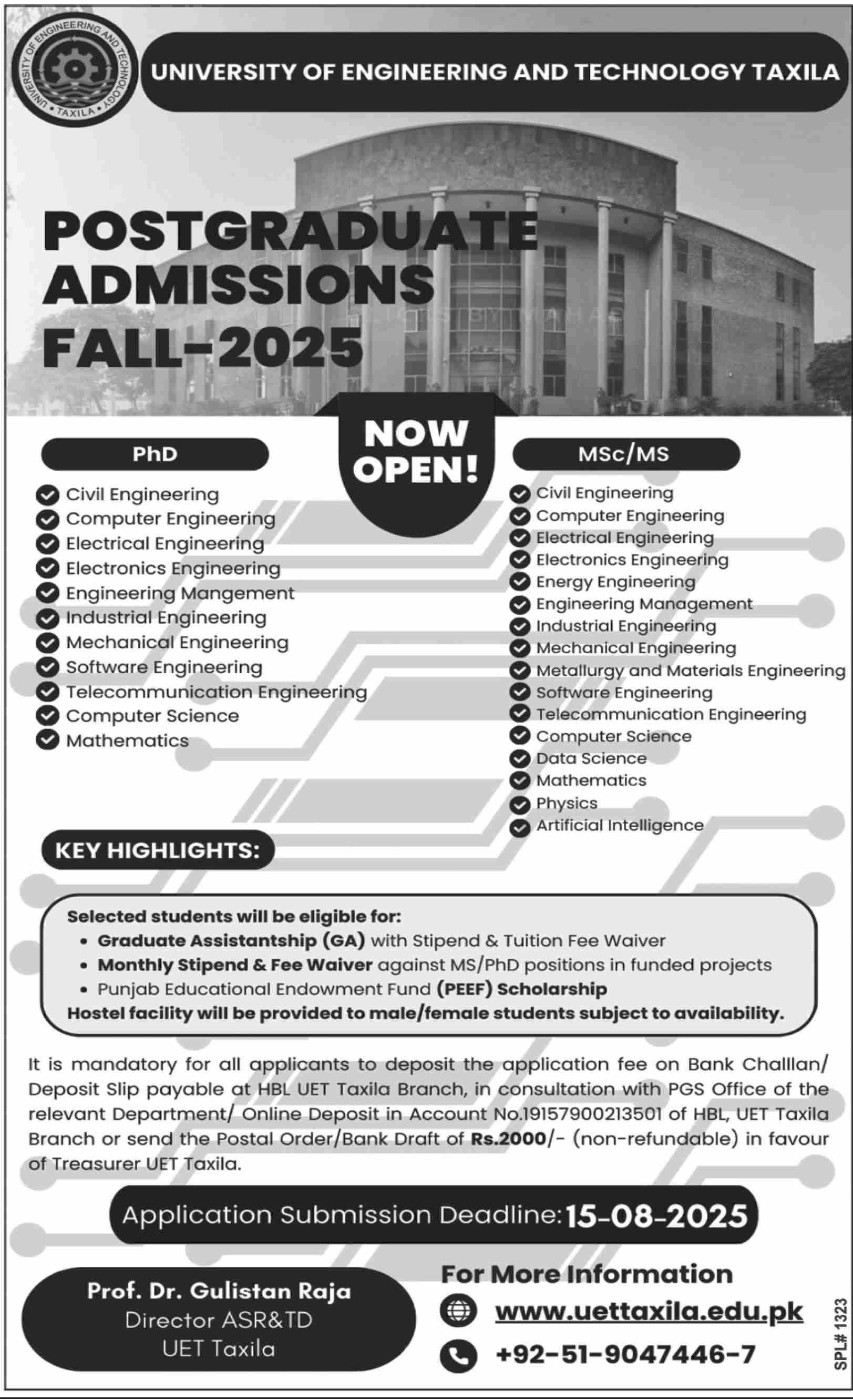 Admission Open in University of Engineering & Technology Taxila